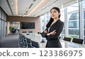 Young beautiful asian business woman smiling in morden office 123386975