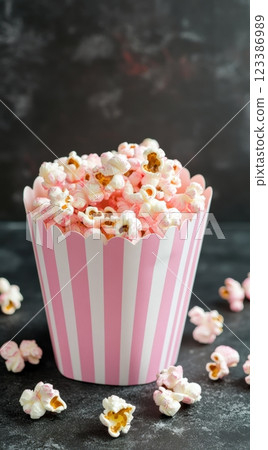 Pink gourmet popcorn in striped container on dark surface Pink gourmet popcorn in striped container on dark surface 123386989