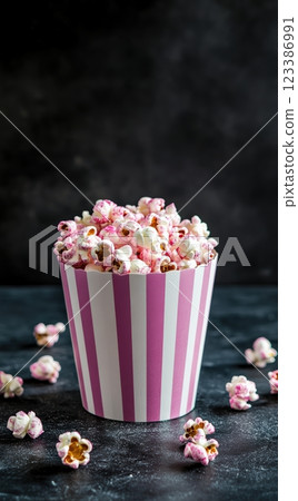 Pink and white popcorn in striped container Pink and white popcorn in striped container 123386991
