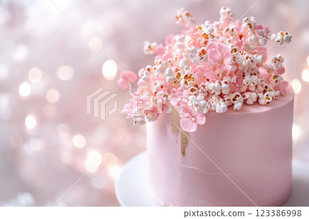 Luxurious pink cake with floral popcorn decor Luxurious pink cake with floral popcorn decor 123386998