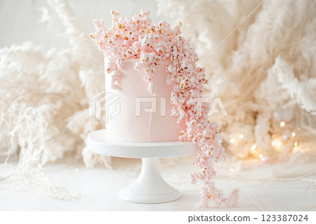 Elegant pink cake with cascading popcorn decoration 123387024
