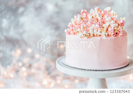 Pink cake with popcorn topping and soft lighting 123387043