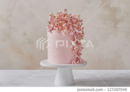 Modern pink cake with cascading popcorn decoration 123387049