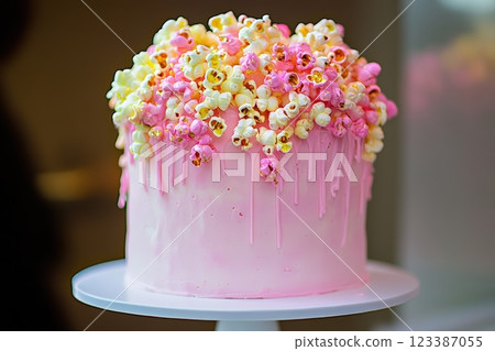 Pink drip cake with colorful popcorn topping 123387055
