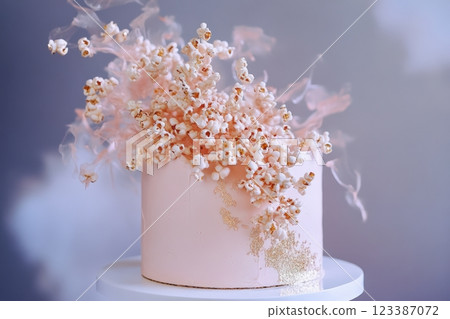 Elegant pink cake with popcorn and gold leaf 123387072
