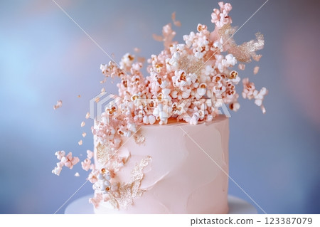 Elegant pastel cake with artistic popcorn topping 123387079