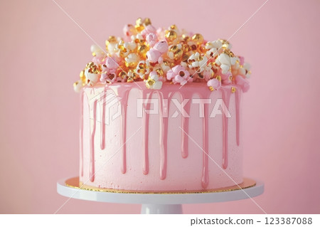 Pink drip cake with gold popcorn topping Pink drip cake with gold popcorn topping 123387088