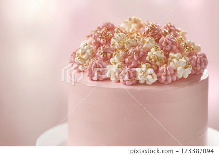 Elegant pink cake with piped flowers and gold 123387094
