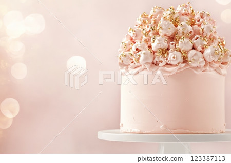 Elegant pink cake with gold popcorn topping 123387113