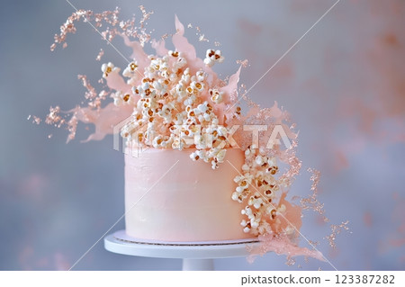 Artistic pink cake with popcorn and gold accents Artistic pink cake with popcorn and gold accents 123387282