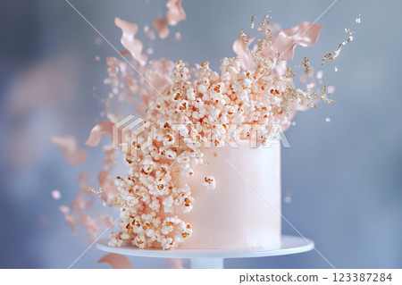 Luxury pink cake with cascading popcorn and gold Luxury pink cake with cascading popcorn and gold 123387284