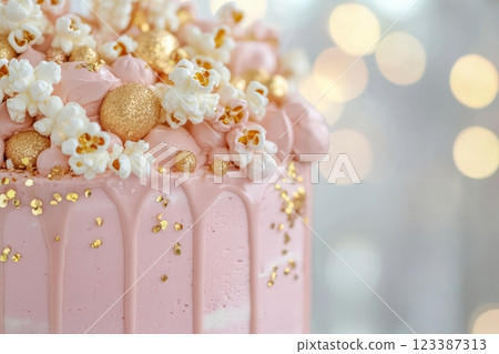 Luxury pink drip cake with gold details 123387313