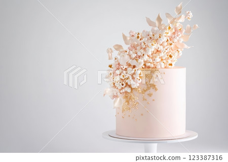 Elegant pastel cake with floral popcorn decor Elegant pastel cake with floral popcorn decor 123387316