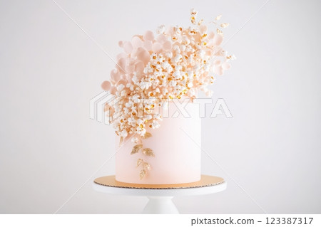 Modern minimalist cake with artistic popcorn decor 123387317
