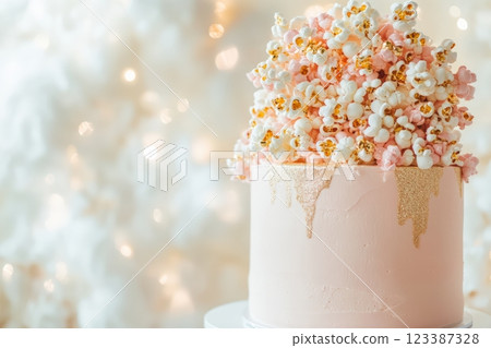 Elegant pink cake with popcorn topping Elegant pink cake with popcorn topping 123387328