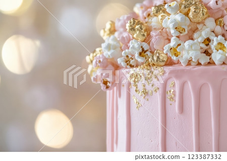 Close-up of pink cake with gold popcorn topping 123387332