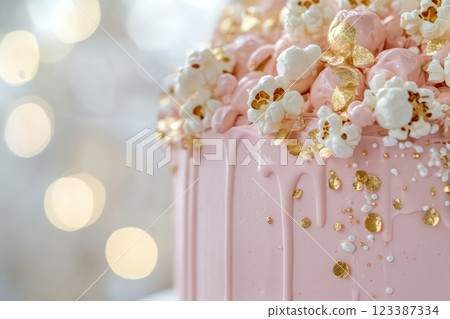 Close-up of elegant pink cake with gold accents Close-up of elegant pink cake with gold accents 123387334
