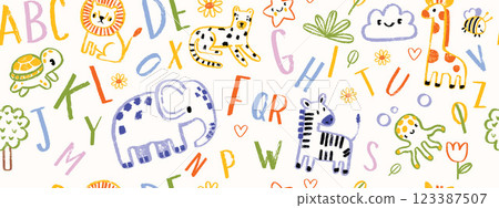 Kids animal seamless pattern, hand drawn childish texture African vector print cute cartoon linen.  123387507