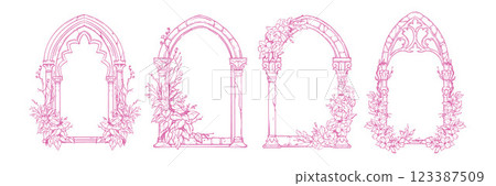 Gothic window frame set, vector hand drawn cloister arch border, wedding invitation floral design. Gothic window frame set, vector hand drawn cloister arch border, wedding invitation floral design. 123387509