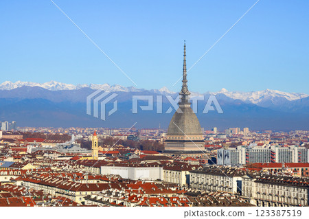 Panoramic view of the city of Turin with snowy Alps mountains 123387519