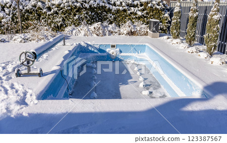 Empty outdoor swimming pool covered in snow during winter, surrounded by a snowy backyard with evergreen trees and a fence in the background. Empty outdoor swimming pool covered in snow during winter, surrounded by a snowy backyard with evergreen trees and a fence in the background. 123387567