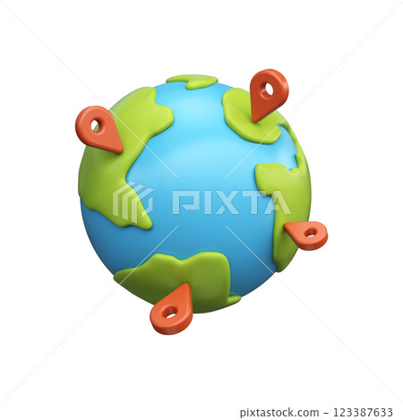 3d globe with pins. GPS location, direction or destination indicator concept. 123387633