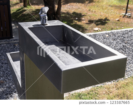 Outdoor drinking fountain. Public fountain that provide free drinking water for peoplein city park. Outdoor drinking fountain. Public fountain that provide free drinking water for peoplein city park. 123387665