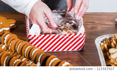 Lovingly homemade gingerbread and sugar cookies, half-dipped in rich chocolate, nestled in decorative Christmas tin boxes perfect for seasonal gifting. 123387927