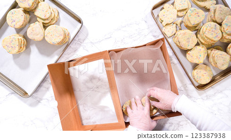 Flat lay. With precision, the woman is carefully arranging the sugar cookies, filled with dough-mixed sprinkles, into a rustic brown paper box. Flat lay. With precision, the woman is carefully arranging the sugar cookies, filled with dough-mixed sprinkles, into a rustic brown paper box. 123387938