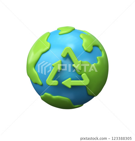 Recycling icon with on globe. Ecology and environmental protection concept, 3D render 123388305