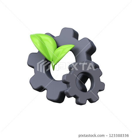 Gear with green leaf. 3d icon of green industry and clean technology. 123388336