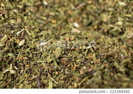 Organic dried savory leaves spice macro. 123388482