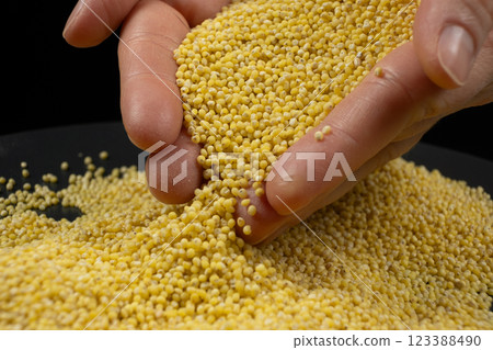 Hands pouring millet dry cereal close-up 123388490