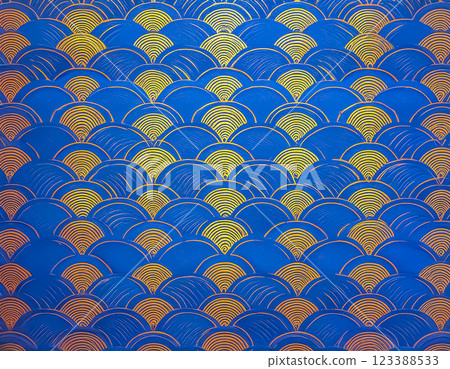 Image material of Japanese paper texture: Wave pattern, blue, gold 123388533