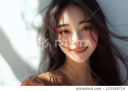 Woman standing by the window with her hair fluttering 123388724