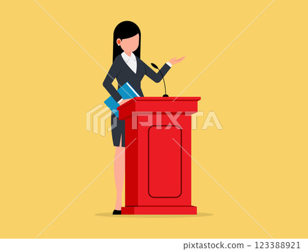 Woman give business speech on podium. public speaker character. Woman give business speech on podium. public speaker character. 123388921
