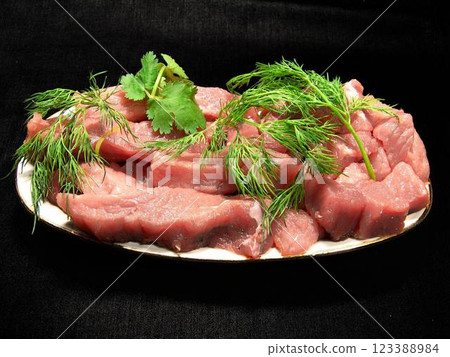 Raw uncooked meat with greens on a plate close view background Raw uncooked meat with greens on a plate close view background 123388984
