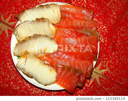 White and red fish slices over red background 123389114