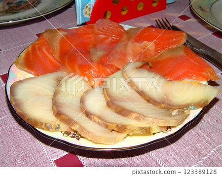 Red and white fish slices on a plate close view background Red and white fish slices on a plate close view background 123389128