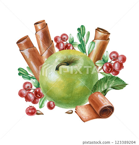 Watercolor composition with a large green apple, apple fruit paste, cranberry twigs and green leaves. The botanical illustration is hand-drawn and isolated on a white background. Suitable for all Watercolor composition with a large green apple, apple fruit paste, cranberry twigs and green leaves. The botanical illustration is hand-drawn and isolated on a white background. Suitable for all 123389204