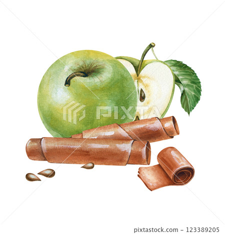 Juicy green apple and fruit paste hand-drawn. Watercolor composition with fruits and dessert made from these fruits on a white background. Botanical and food illustration for the design of business Juicy green apple and fruit paste hand-drawn. Watercolor composition with fruits and dessert made from these fruits on a white background. Botanical and food illustration for the design of business 123389205