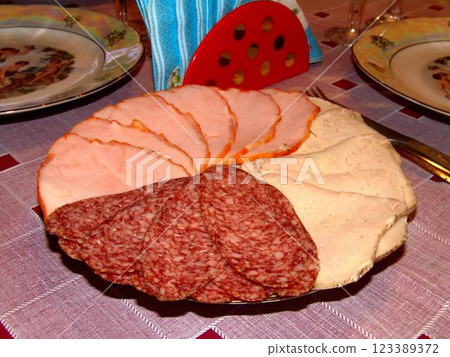 Slices of sausage and ham on a plate close view background 123389372