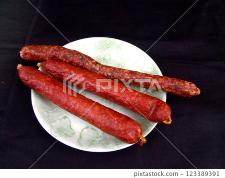 Sausage on a plate close view background Sausage on a plate close view background 123389391
