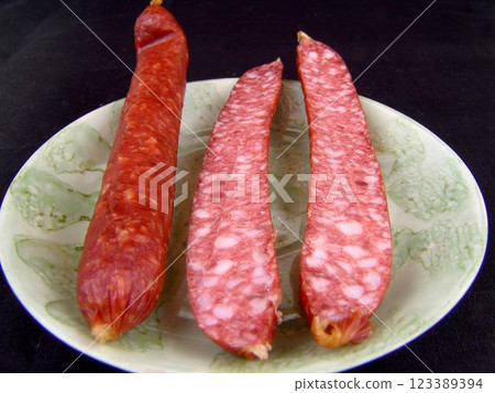 Sausage on a plate close view background Sausage on a plate close view background 123389394