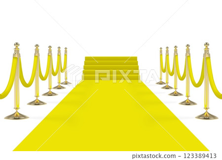 Yellow carpet on stairs with ropes on golden stanchions 123389413