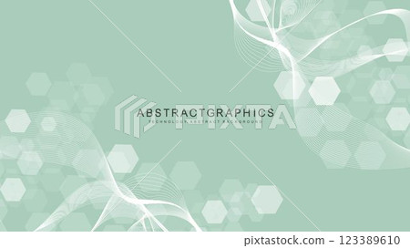 Modern scientific background with hexagons, lines and dots. Wave flow abstract background. Molecular structure for medical, technology, chemistry, science. Vector illustration 123389610