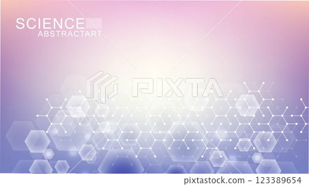 Modern scientific background with hexagons, lines and dots. Wave flow abstract background. Molecular structure for medical, technology, chemistry, science. Vector illustration 123389654