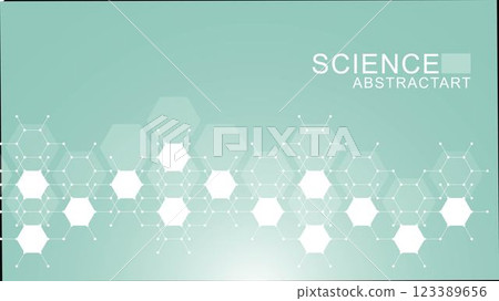 Modern scientific background with hexagons, lines and dots. Wave flow abstract background. Molecular structure for medical, technology, chemistry, science. Vector illustration 123389656