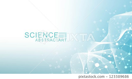Modern abstract molecules structure for science or medical background. DNA helix or atom visualization. Molecular wave flow abstract background. Vector illustration 123389686