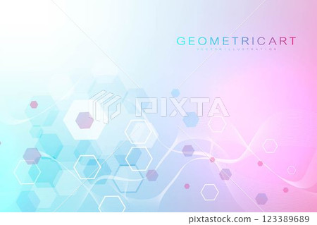 Modern scientific background with hexagons, lines and dots. Wave flow abstract background. Molecular structure for medical, technology, chemistry, science. Vector illustration Modern scientific background with hexagons, lines and dots. Wave flow abstract background. Molecular structure for medical, technology, chemistry, science. Vector illustration 123389689
